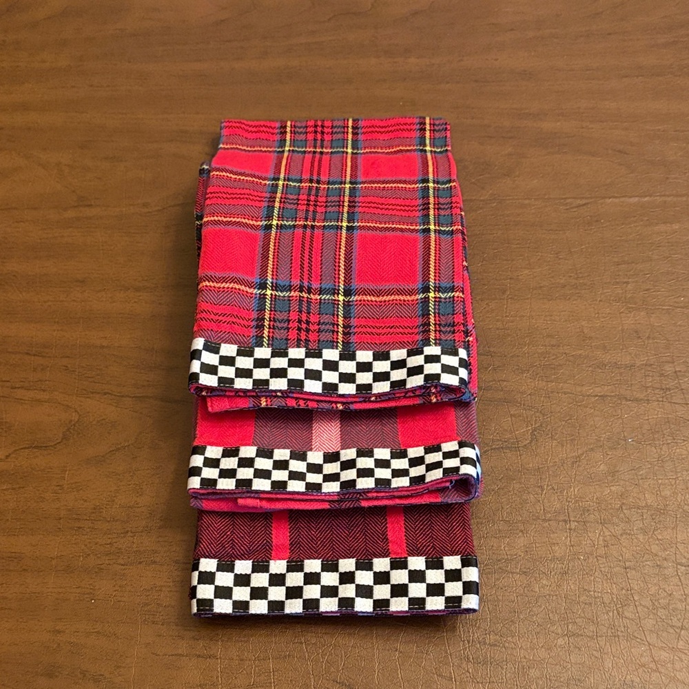 MacKenzie-Childs Red Plaid Kitchen Towels with Black-and-White Check Trim